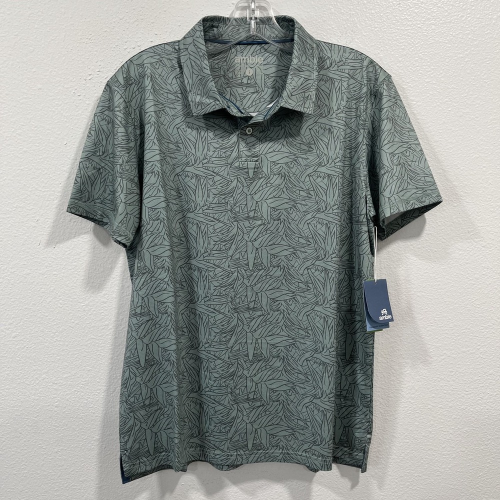 Amble Polo Shirt Men L Viewpoint Green Floral AOP Performance Preppy Golf Summer
